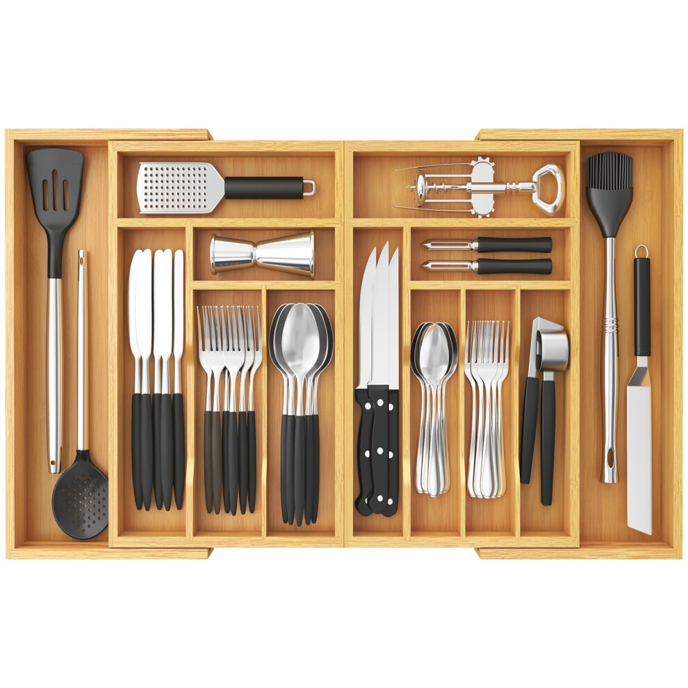 Lifewit Bamboo Extra Large Cutlery Drawer Organiser, Expandable To 36 Inches Cutlery Tray For Kitchen, Adjustable Silverware And Flatware Holder,