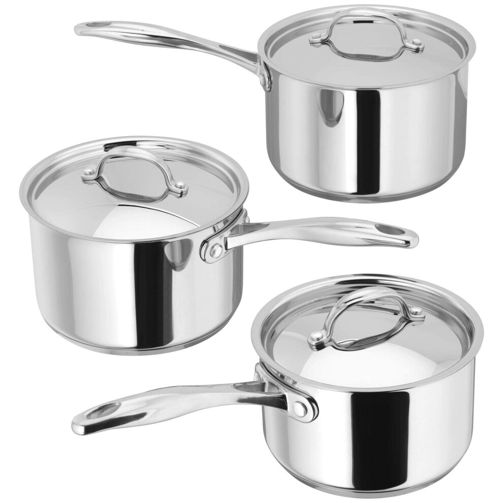 Stellar Profile Set of 3 Stainless Steel Saucepans with Lids, 20cm 18cm 16cm, Induction Ready, Oven Safe, Dishwasher Safe