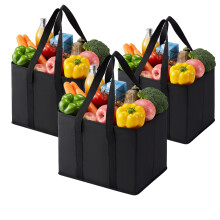 VENO 3 Pack Reusable Shopping Trolley Bags Set, Heavy Duty Collapsible Grocery Box Bag with Reinforced Bottom, Folding Tote Bag Storage Bins (Black -