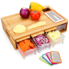 BRITOR Chopping Board with Containers, Large Bamboo, Carving & Cutting Board with Juice Grooves, Easy-Grip Handles & Food Sliding Opening, with Trays