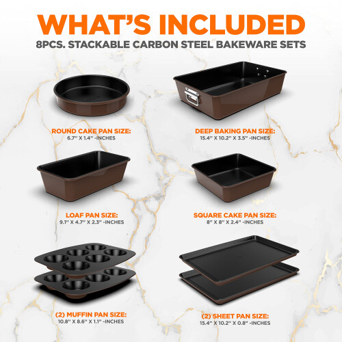 NutriChef Baking Tray Set, Stackable Bakeware Trays, Smart Space Stacking Baking Trays, 8 Pcs Non-Stick Oven Safe Baking Sets w/ Cookie, Loaf Pan, 1