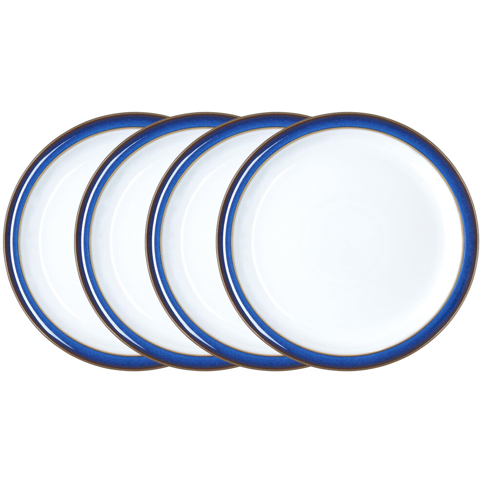 Denby - Imperial Blue Medium Plates Set of 4 - Dishwasher Microwave Safe Crockery 22cm - Royal Blue, White Ceramic Stoneware Tableware - Chip & Crack