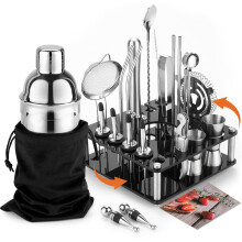 KINGROW Mixology Cocktail Shaker Set - Complete 29-Piece Bartender Kit and Bar Tools with Acrylic Rotating Stand, Professional Bar Set for Drink