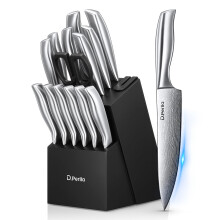 D.Perlla Knife Set with Block, 15 Pieces with Built-in Sharpener, High Grade Stainless Steel Kitchen Knife Set with Knives, Steak Knives, Scissors for