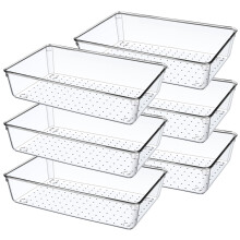 Giklux 6 Pcs Clear Kitchen Drawer Organiser Trays, Acrylic Desk Drawer Dividers Organisers for Cutlery, Kitchen, Cosmetics, Makeup, Utensils, Vanity,