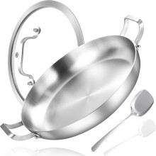 Inqibee 30 CM Tri-Ply Stainless Steel Paella Pan with Lid,Induction Cooking Frying Pan,Even Heating and Oven Safe