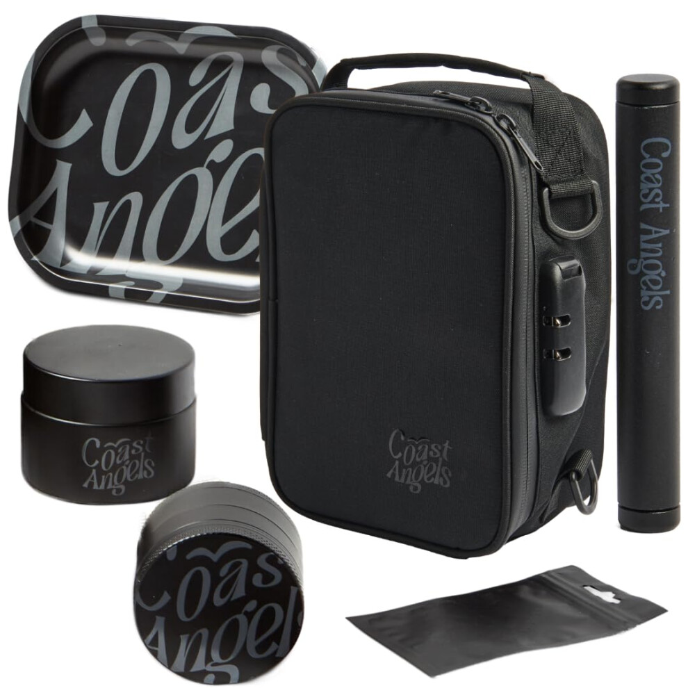 Coast Angels Smell Proof Bag With Combination Lock ? Complete Rolling Box Set With Smell Proof Bag, Grinder, Rolling Tray And Tube ? Portable Stash Box For