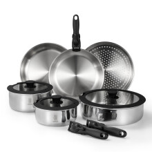 ROYDX Uncoated 18/10 Stainless Steel Cookware Set, Large Frying Pan Set with Steamer and Saute Pan, Stay-Cool Detachable Handles and Glass Lid, LFGB
