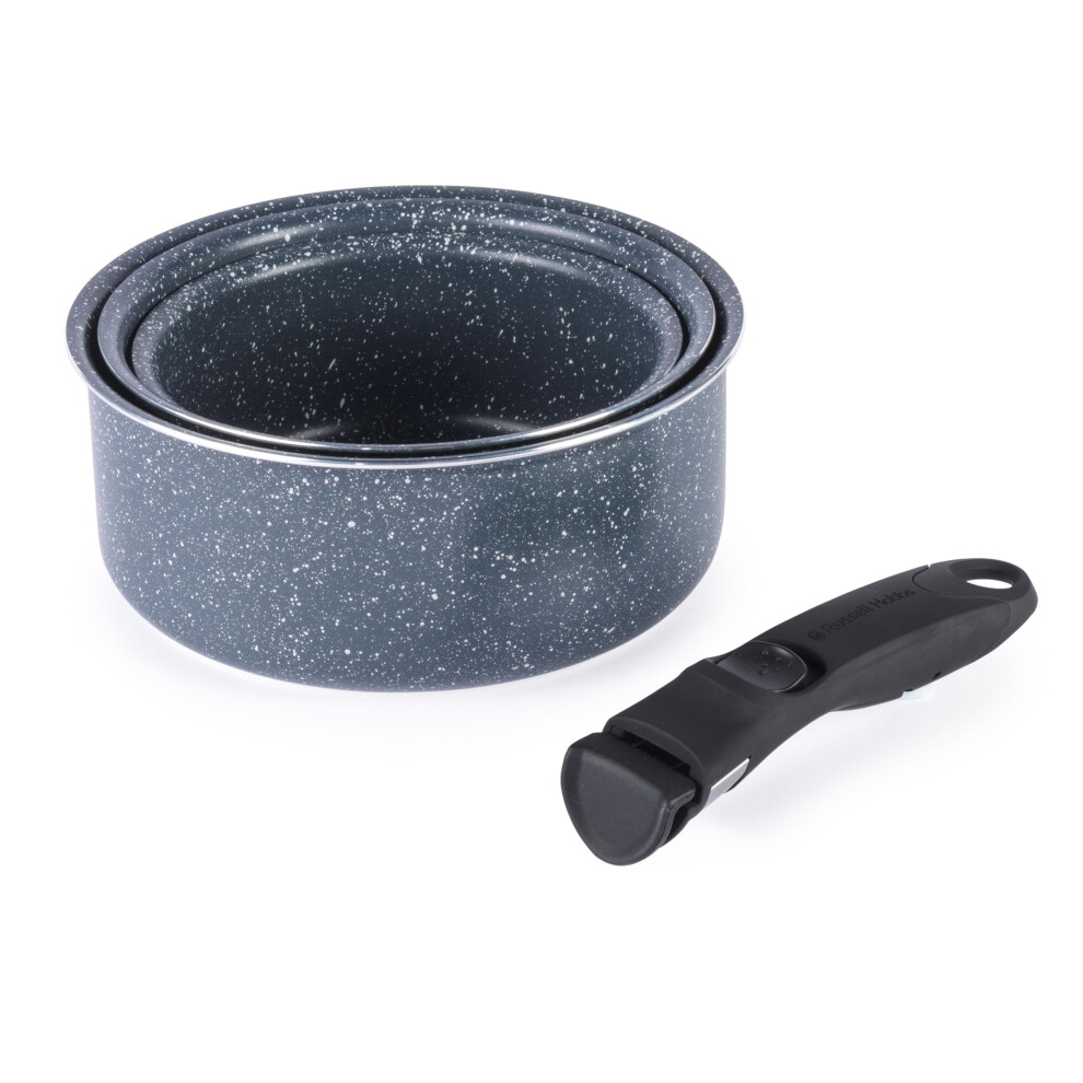 Russell Hobbs Nightfall Stone Saucepan Set ? Smart Clip Non-Stick Pans, 16cm, 18cm, 20cm, Stay Cool Detachable Handle, Oven to Hob to Table Cooking,