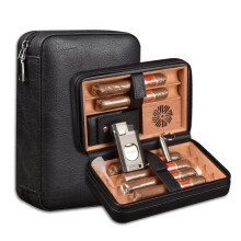 6-Finger Cigar Travel Humidor Cigar Case with Triple Flame Cigar Lighter, Leather Cigar Box with Round Humidifier, Cigar Punch and Dropper, Cedar Wood