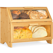 Golden Nature Double Layer Bamboo Bread Box for Kitchen Countertop - Large Wooden Storage Box w/Clear Display Windows - Food Keeper for Muffins,