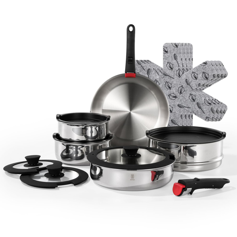ROYDX 18/10 Stainless Steel Pan Set with Detachable Handles, 16 Piece Stackable Saucepan Set with Steamer, 24cm / 26cm Frying Pans with Pot for All