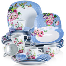VEWEET 'Hannah' 30-Piece Dinner Set Blue White Dots Pink Flower Porcelain Pattern Combination Set with Dessert Plates Soup Plates Dinner Plates Cups