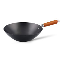 Ken Hom Carbon Steel Wok, 31cm, Classic, Non-Induction/Wooden Handle/Flat Base Pan, Includes 1 x Chinese Wok Pan, KH331001