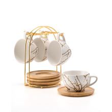 HOME DECOR Ceramic Cappuccino Cups Set of 4, 220ml Stackable Cappuccino Mugs and Saucer with Metal Stand for Coffee Lover, Cappuccino, Latte,