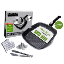Chef Wonderful Non-Stick Griddle Pan for Induction Hob with Glove & Cloth. Aluminium Steak Pan (28cm) Marble Coating & Detachable Handle for All