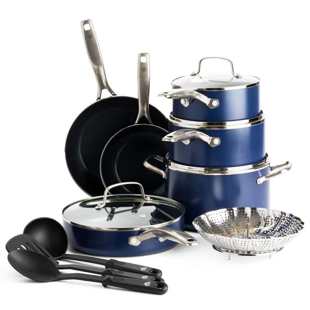 Diamond Cookware Diamond Infused Ceramic Nonstick 14 Piece Cookware Pots And Pans Set, Includes Frying Pans, Saut?, Saucepans, Strainer, Blue