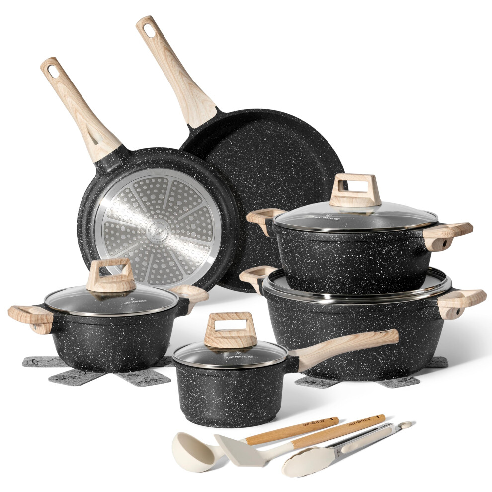 Just Perfecto Pots and Pans Sets Non Stick, Induction Hob Pan Set of 15 pcs, Saucepan Set, Non Stick Frying Pan Set with Lid Stock Pot, Deep Frying