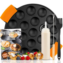 IRONO Poffertjes Pan - Mini Pancake Maker - Pancake Pan - 19 Mini Pancakes - Eggs Crepe Pan - Cast Iron - Includes Brush, Turning Fork, Batter Bottle,