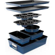 NutriChef Baking Tray Set, Stackable Bakeware Trays, Baking Trays, 8 Pcs Non-Stick Oven Safe Baking Sets w/Cookie, Loaf Pan, Pizza Pan, Muffin Tins,