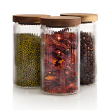Mason & Fable Ribbed Glass Jar with Wooden Lid 800ml-Set of 3| Airtight Fluted Storage Canister for Food, Pasta, Coffee, Dog Treats, Snacks |