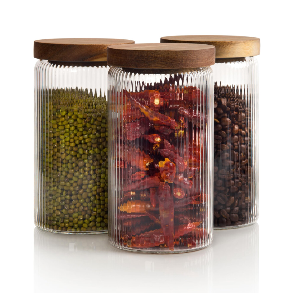 Mason & Fable Ribbed Glass Jar With Wooden Lid 800Ml-Set Of 3| Airtight Fluted Storage Canister For Food, Pasta, Coffee, Dog Treats, Snacks |