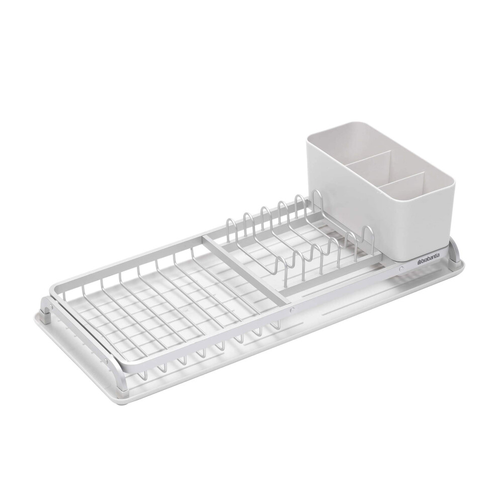 Brabantia Dish Drying Draining Rack (Compact / Grey) Easy-Clean Drip Tray And Removable Cutlery Basket, Corrosion-Resistant Aluminium Rack, Light/Grey