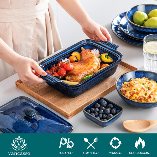vancasso Starry Casserole Dish with Lid, 1.9 Quart Deep Lasagna Pan Ceramic Bakeware Covered Casserole Dish 2