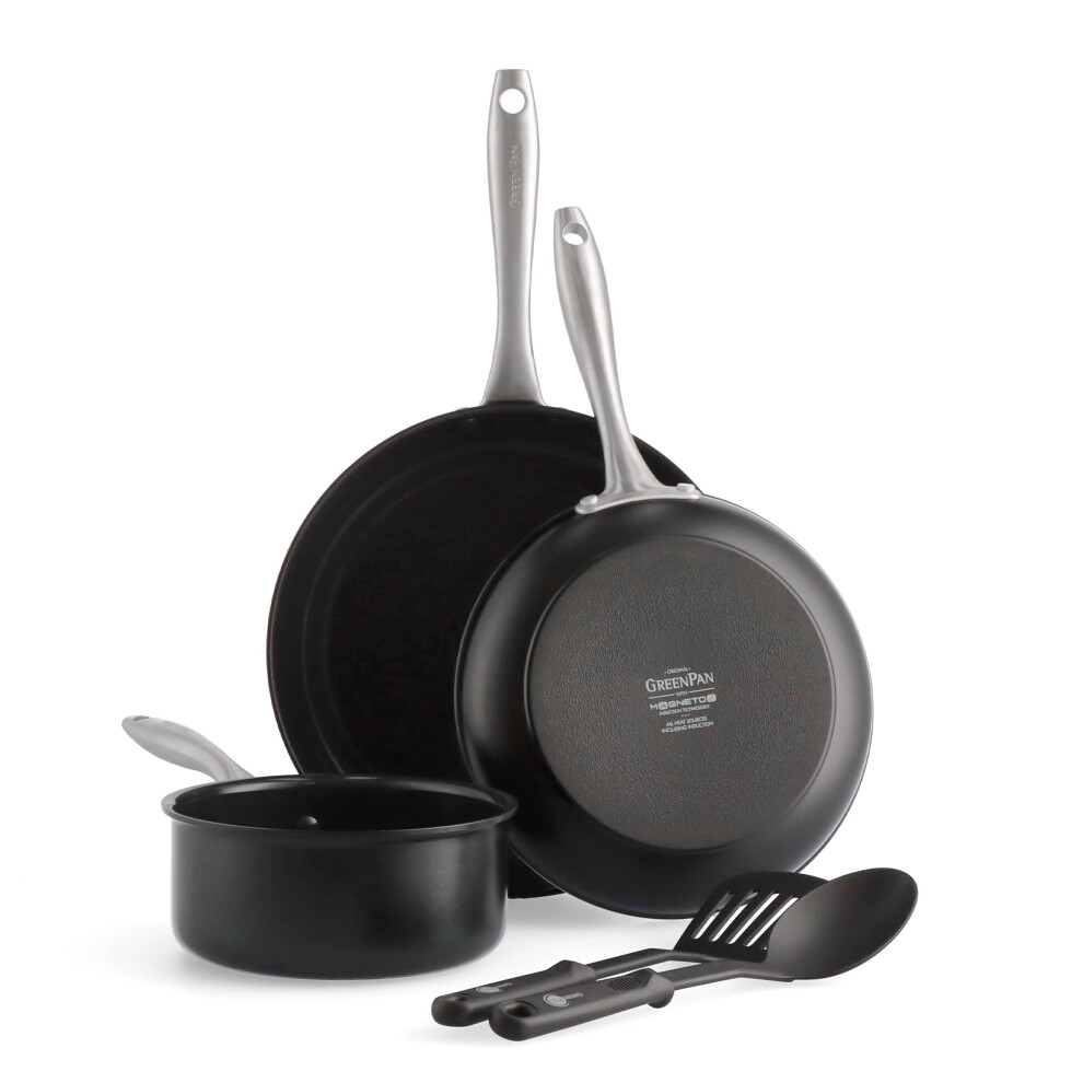 GreenPan Lima Midnight Hard Anodized Healthy Ceramic Non-Stick, 5-Piece Set, Includes Frying Pan, Saucepan, & Nylon and Slotted Turner, PFAS-Free,