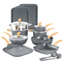 Kitchen Academy 17 Piece Non-Stick Pots and Pans Set, Induction Pan Set, Granite Non-Stick Saucepan Set, Grey