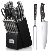 D.Perlla Knife Set, 16PCS Stainless Steel Kitchen Knives Set with Wooden Block, Cooking Set of Knives with Wood Handle, Chef, Santoku, Bread, Utility,