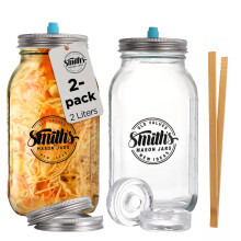 Smiths Mason Jars 2pack 2L Fermenting Clear Glass Jars with breathable lids, wooden tongs, glass weights and 2pcs lids- Ideal for Kimchi Storage,