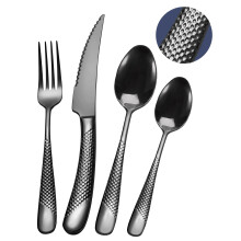 SHEUMNT 24 Pieces ?Modern Black Hammered Cutlery Set with Ultra Sharp 2-in-1 Serrated Knive, 18/10 Stainless Steel Silverware Set, Titanium ?Plated