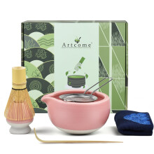 Artcome 7 Pcs Complete Matcha Tea Ceremony Kit - Bowl, Whisk, Scoop, Strainer, Powder, Set for Usucha, Koicha, Latte (Pink)
