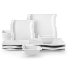 MALACASA Square Plates and Bowls Set, 18-Piece Ivory White Porcelain Dinner Sets for 6 People, Ceramic Crockery Set Modern Dinnerware Set, Microwave