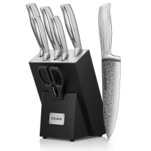 Kitchen Knife Set, FOHERE Knives Set with Advanced Self Sharpening Technology, 7 Pieces Waved Texture Knife Set with Block, Stainless Steel Kitchen