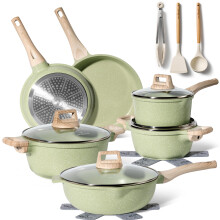Just Perfecto Set of 15 Pots and Pans, Non-Stick Cookware Set, White Granite Induction Cookware Non-Stick Set with Frying Pans and Saucepans (PFOS,