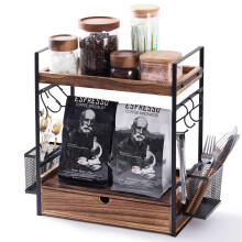 3-Tier Coffee Station Organizer with Slide Out Drawer, 2 Metal Baskets & 6 Hooks, Bathroom Organiser, Mug Storage for Home, Office, Wooden Desk
