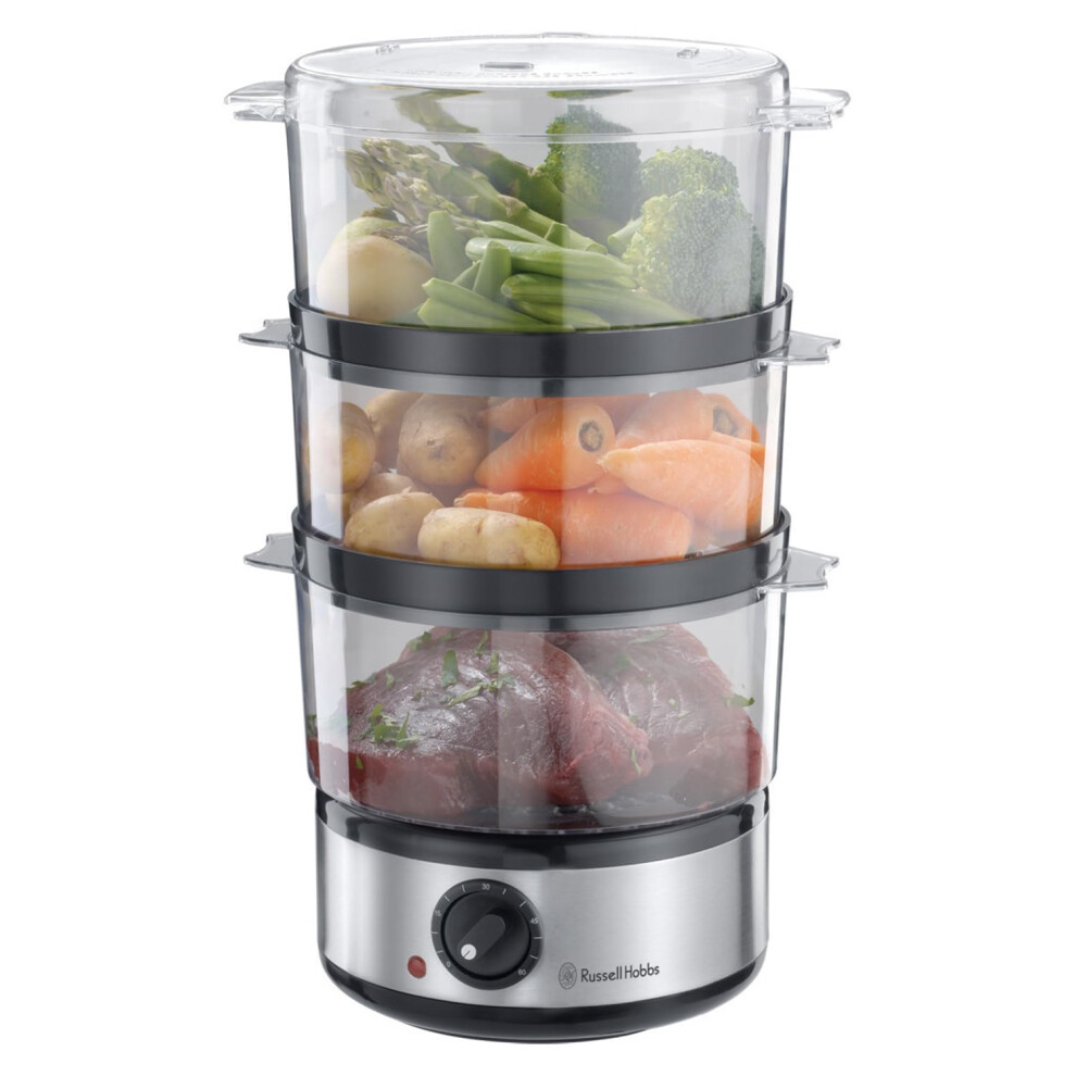 Russell Hobbs 3 Tier Electric Food Steamer, 7L, Stackable baskets for easy storage, Dishwasher safe BPA free baskets, Rice bowl inc, 60 min timer,
