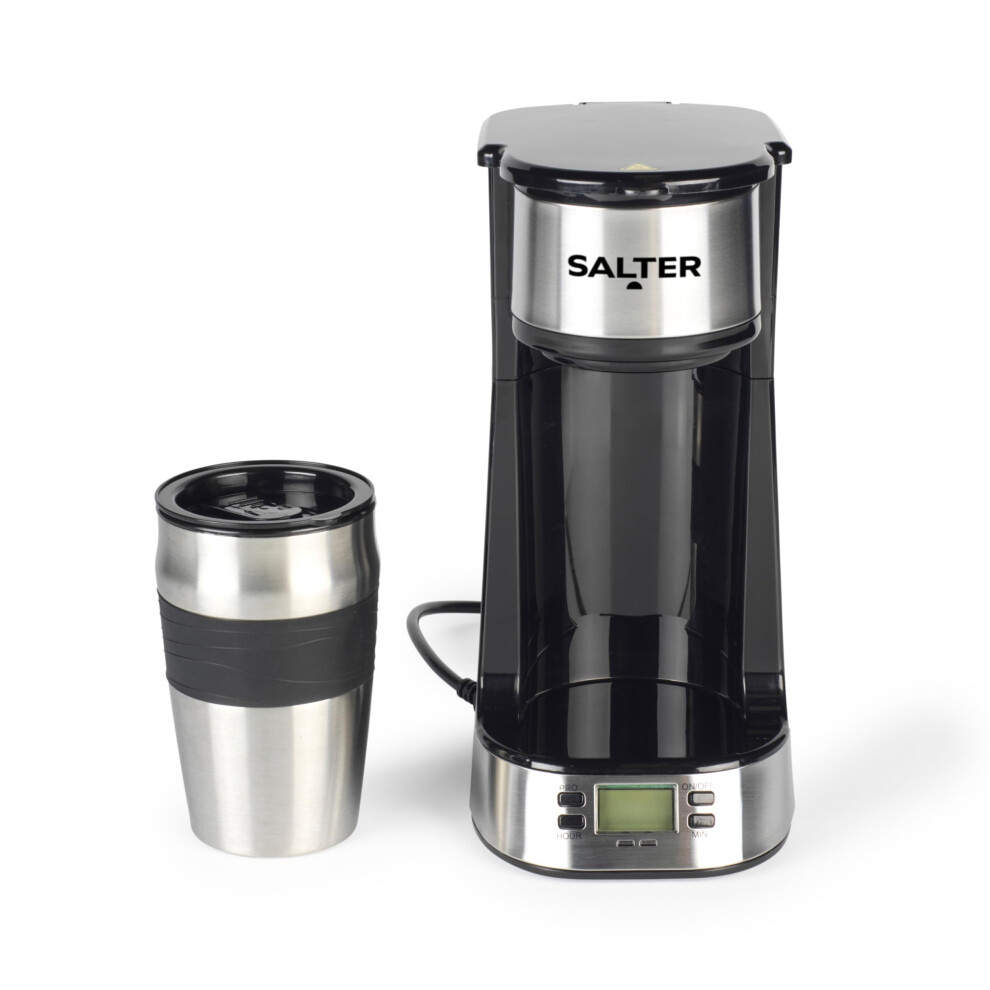Salter Digital Coffee Maker ? One Cup Filter Coffee Machine, Washable & Reusable Filter, Includes 420ml Stainless Steel Travel Mug, 3-4 Minutes