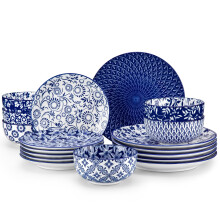 vancasso Selene Dinner Sets for 6 People, 18 Pieces Vintage Blue Porcelain Plates and Bowls Set Kitchen Crockery Set Dinnerware Sets, Mircowave and