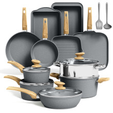 Kitchen Academy 17 Pcs Induction Hob Pots and Pans Set Non Stick, Nonstick Induction Kitchen Cookware Sets, Gray Granite Cooking Saucepan and Frying