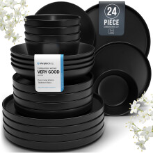 24 Piece Black Dinner Sets for 6 People - Cool Urban Style Stoneware Dinner Set for 6 - Dishwasher & Microwave Safe Plates and Bowls Set for 6 -