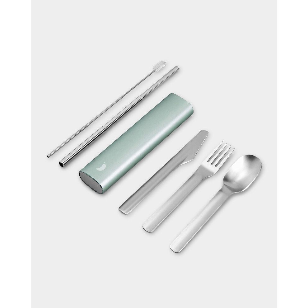 Chilly's Cutlery - Stainless Steel Utensils with Aluminium Travel Case - Knife, Fork, Spoon, & Straw - Lichen Green