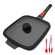 RANX INGST Griddle Pan with Lid, 26 x 24 cm Cast Aluminium Non Stick Steak Pan with Detachable Handle for Induction Hob, Black