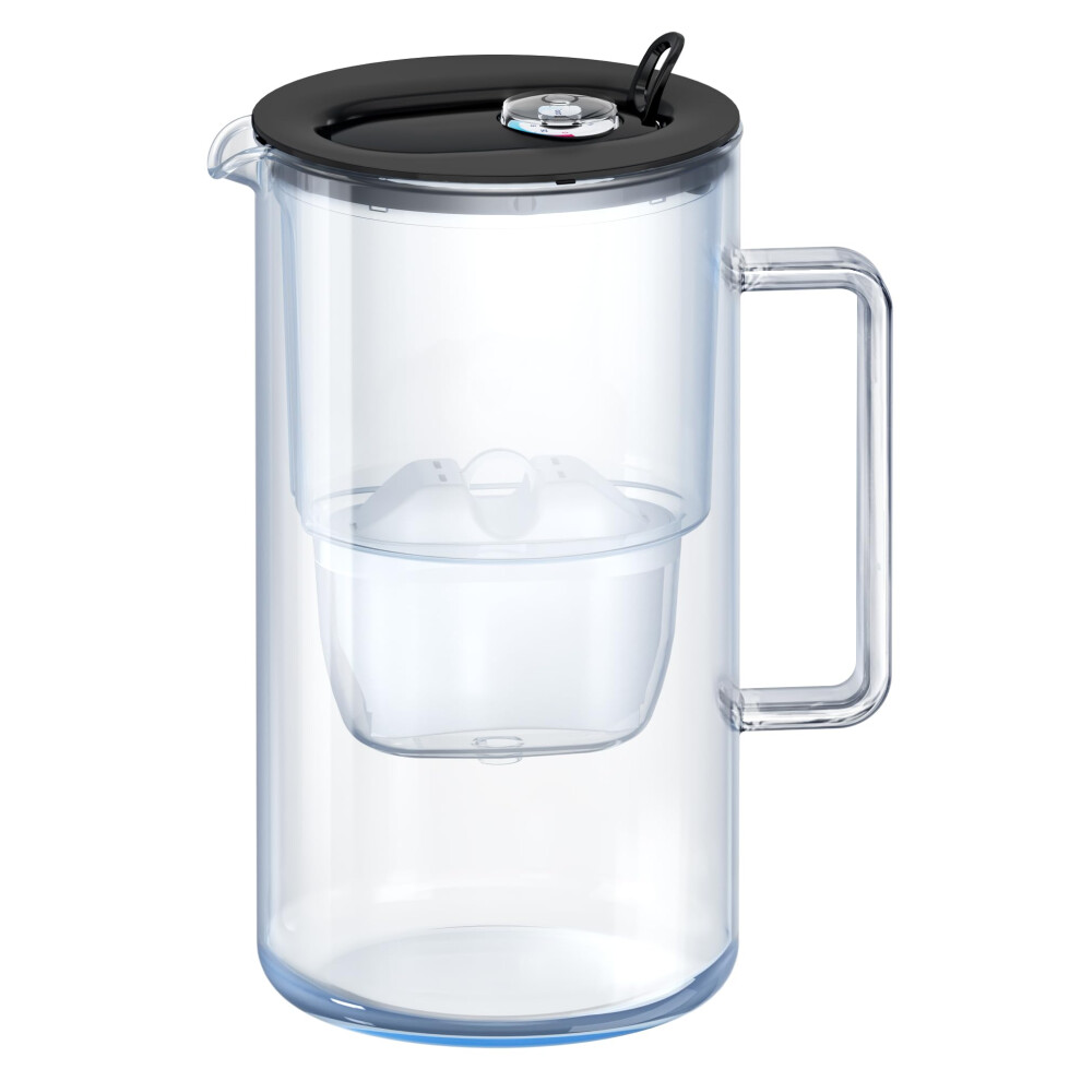 AQUAPHOR Glass Black Water Filter Jug - Take to Table Premium Glass Design Jug with Easy-Fill Flip-Open Lid, 2.5L Capacity, 1 X MAXFOR+ Filter