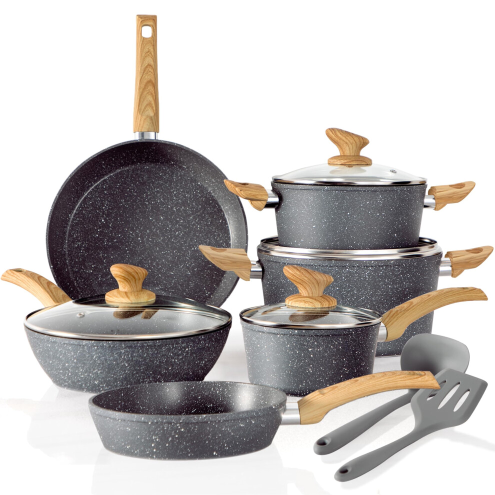 Kitchen Academy Induction Cookware Sets - 12 Piece Cooking Pan Set, Granite Nonstick Pots And Pans Set, Induction Hob Pans Set Gray