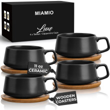MIAMIO ? 320 ml, Set of 4 Ceramic Tea Cup and Saucer Bamboo/Tea Mug - Wide Cappuccino Cup, Coffee Cups Ceramic Mug for Cappuccino, Latte, Espresso &