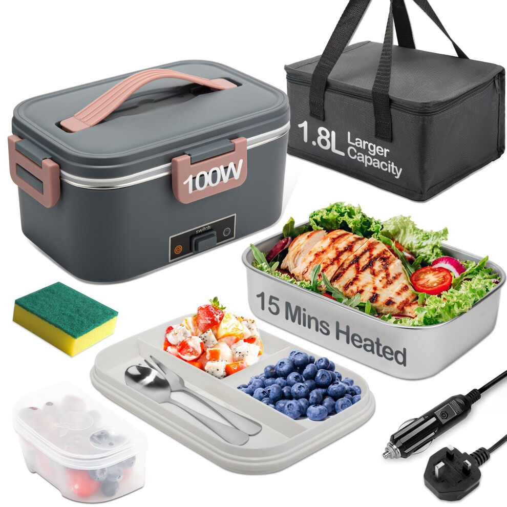 Bybrutek Electric Lunch Box 100W, 1.8L Removable Stainless Steel, 3-In-1 Portable Heated Lunch Box, 12V/24V/220V Insulated Heat Box For
