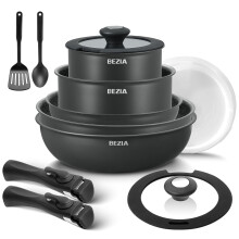 BEZIA Induction Hob Pans Set 13 Pieces, Non Stick Pots and Pans Set with Detachable Handles, Nonstick Kitchen Cookware Sets with Removable Handle,